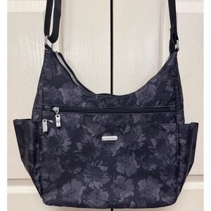 Baggallini Essential Hobo Crossbody Bag Purse Nylon RFID Black Floral Carry On